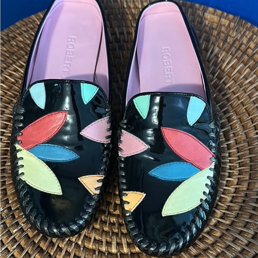 NWOT Women’s Robert Zur Black & Colorful Patches Patent Leather Loafers Sz 7